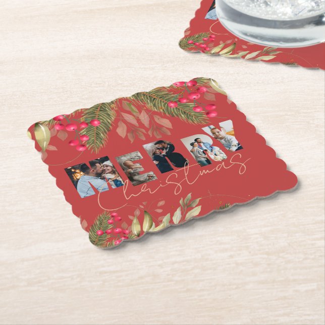 Merry Christmas Multi Photo Red Gold Holiday Party Paper Coaster (Angled)