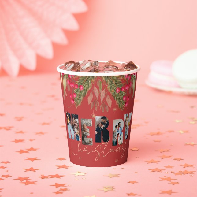 Merry Christmas Multi Photo Red Gold Holiday Party Paper Cups (Insitu)