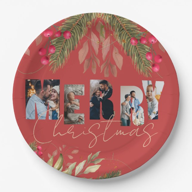 Merry Christmas Multi Photo Red Gold Holiday Party Paper Plate (Front)