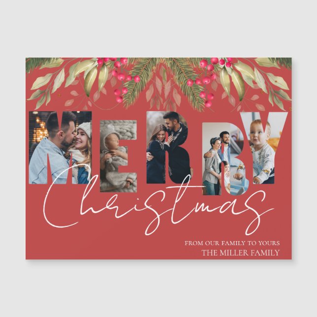 Merry Christmas Multi Photo Red Holiday Card (Front)