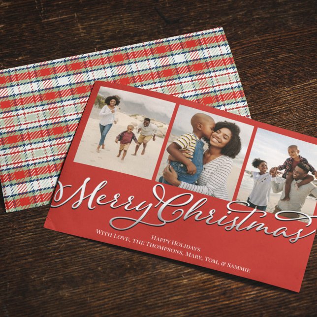 Merry Christmas Multi Photo Red Holiday Plaid Card (Merry Christmas Calligraphy red and green plaid multi photo greeting card)