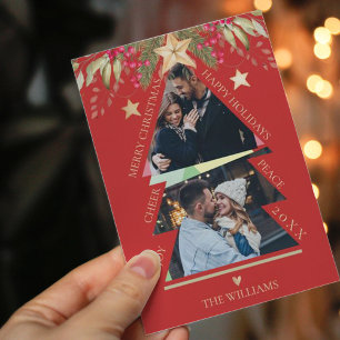 Merry Christmas Multi Photo Tree Red Holiday Card