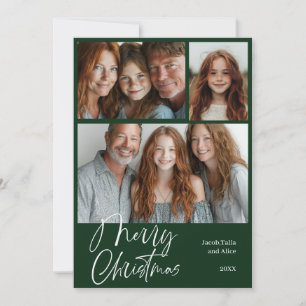 Merry Christmas Multi three photo Design Green Holiday Card