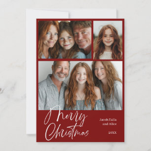 Merry Christmas Multi three photo Design Red Holiday Card