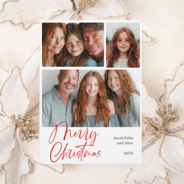 Merry Christmas Multi three photo Design Red Holiday Card (Creator Uploaded)