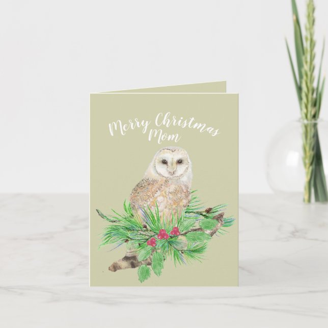 Merry Christmas Mum Barn Owl Watercolor Holiday Card (Front)