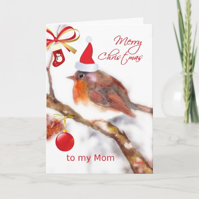 merry christmas Mum, cute sparrow red hat ornament Holiday Card (Front)
