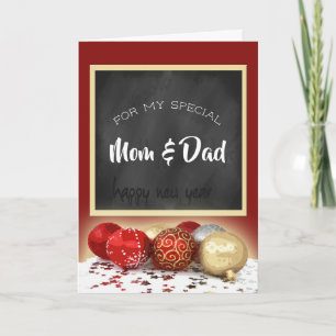 Merry Christmas Mum & Dad Chalkboard and Ornaments Holiday Card