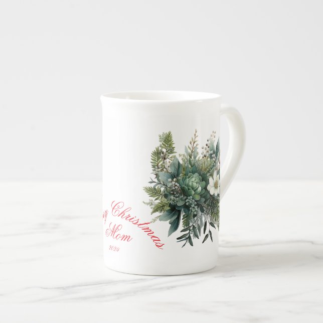 Merry Christmas Mum Green Floral Bone China Mug (Front Right)