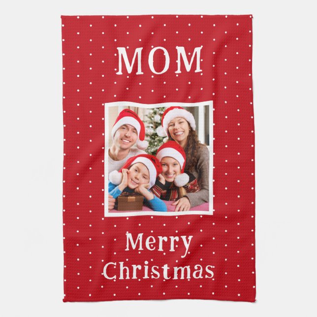 Merry Christmas Mum Red And White Polka Dot Snow Tea Towel (Vertical)