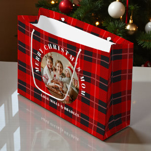 Merry Christmas Mum Red Plaid Personalised Photo Large Gift Bag