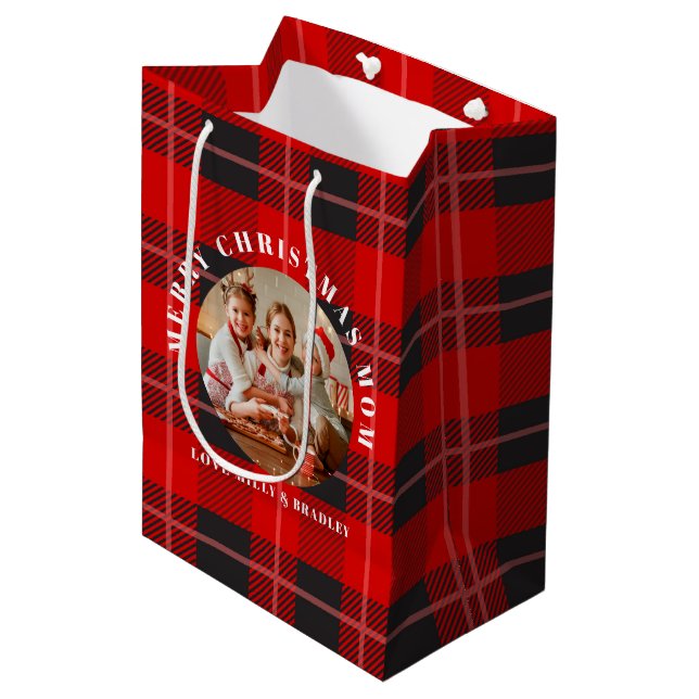 Merry Christmas Mum Red Plaid Personalised Photo Medium Gift Bag (Front Angled)