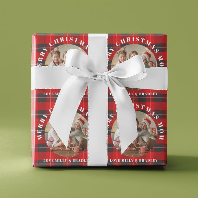 Merry Christmas Mum Red Plaid Personalised Photo Wrapping Paper (Creator Uploaded)