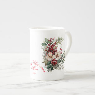 Merry Christmas Mum White Red Green Floral Bone China Mug