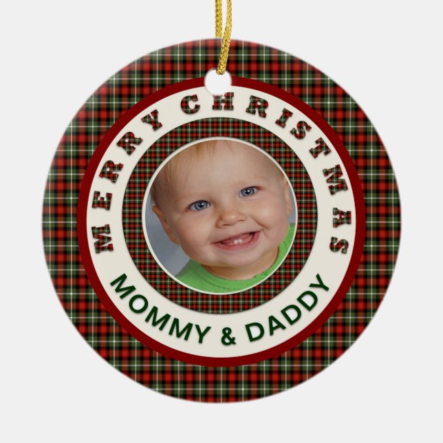 Merry Christmas Mummy and Daddy Custom  Photo Ceramic Tree Decoration (Front)
