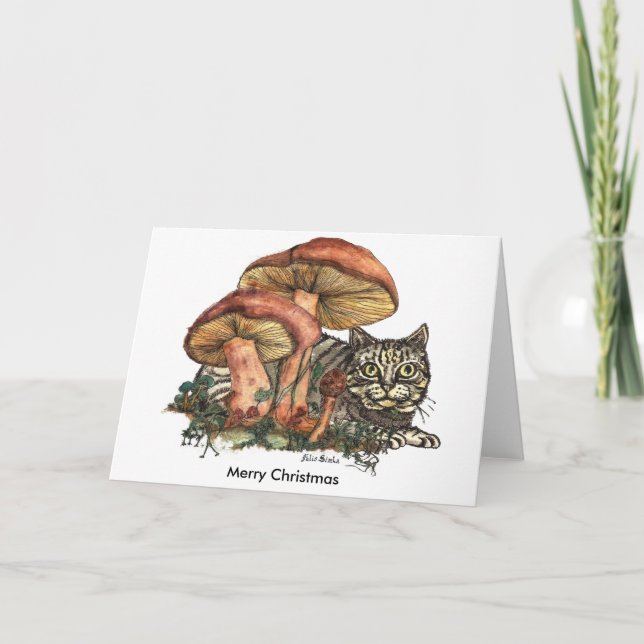 Merry Christmas Mushroom Cat Holiday Card (Front)