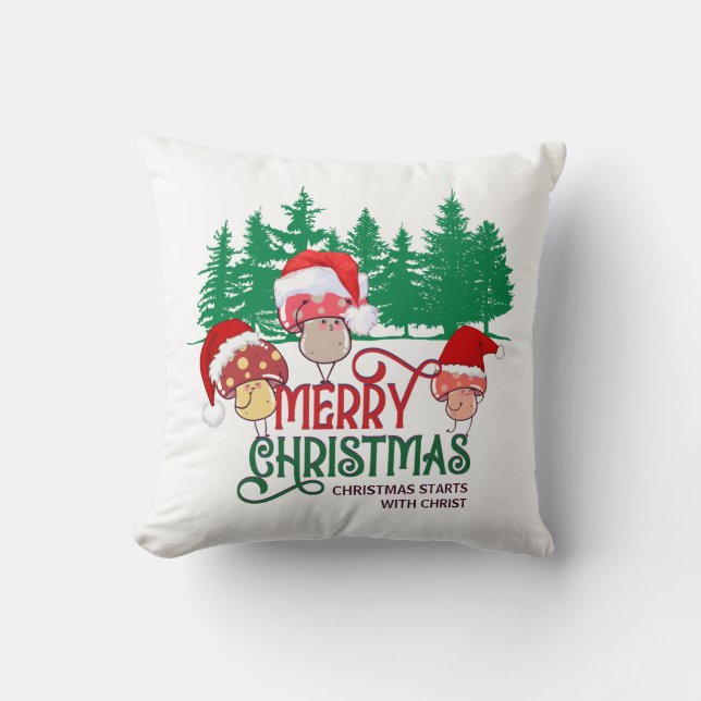 MERRY CHRISTMAS MUSHROOMS in Forest Cushion (Front)