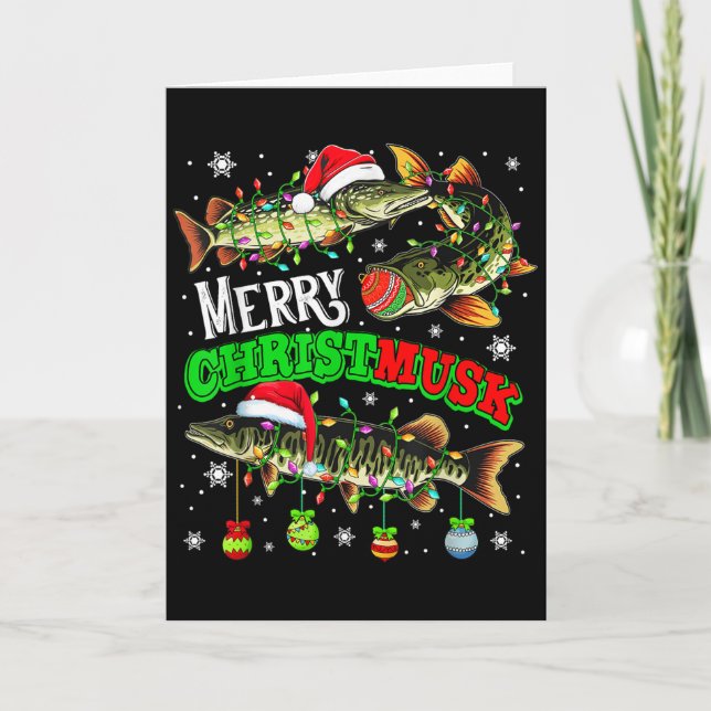 Merry Christmas Musky Three Santa Muskies Fisher F Card (Front)