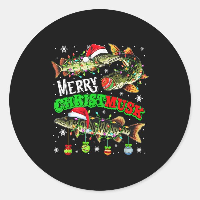 Merry Christmas Musky Three Santa Muskies Fisher F Classic Round Sticker (Front)