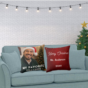 Merry Christmas My Favourite Teacher Photo Crimson Cushion