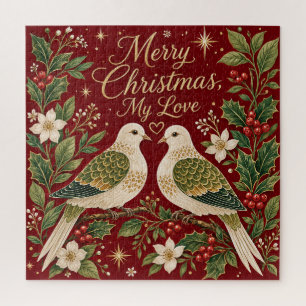 Merry Christmas My Love Turtle Doves Holly Jigsaw Puzzle