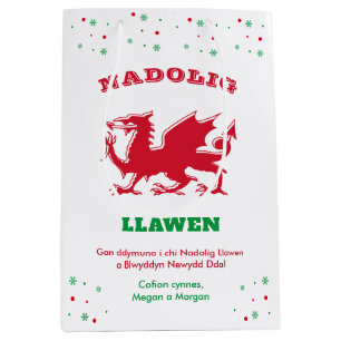 Merry Christmas Nadolig Llawen Red Welsh Dragon Medium Gift Bag