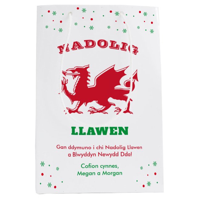 Merry Christmas Nadolig Llawen Red Welsh Dragon Medium Gift Bag (Front)