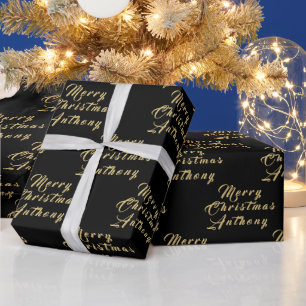Merry Christmas Name Black Gold Simple Modern Wrapping Paper
