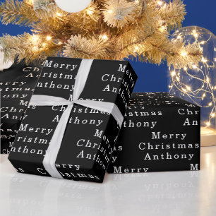 Merry Christmas Name Black White Simple Modern Wrapping Paper