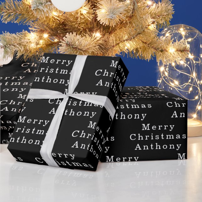 Merry Christmas Name Black White Simple Modern Wrapping Paper (Holidays)