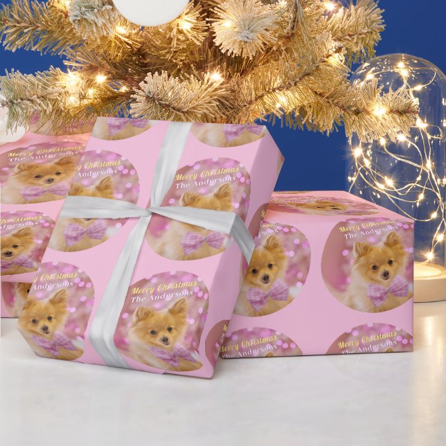 Merry Christmas & Name, Cute Dog, Pale Pink Wrapping Paper (Holidays)