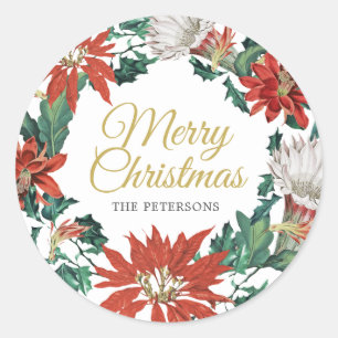 Merry Christmas Name Floral Poinsettia Wreath Classic Round Sticker