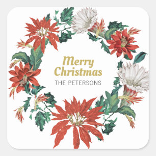 Merry Christmas Name Floral Poinsettia Wreath Square Sticker