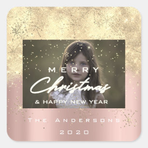 Merry Christmas Name Gold Snow Glitter Photo Rose Square Sticker