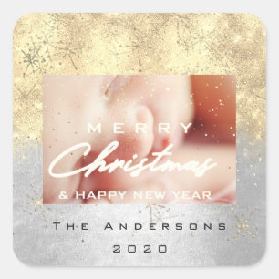 Merry Christmas Name Gold Stars Glitter Photo Grey Square Sticker