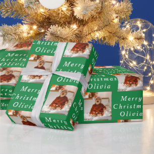 Merry Christmas Name Green White Photo Collage Wrapping Paper