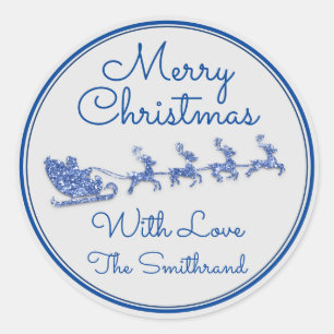 Merry Christmas Name Grey Sleigh Santa Deer Grey Classic Round Sticker