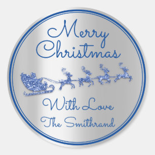 Merry Christmas Name Grey Sleigh Santa DeerSilver Classic Round Sticker