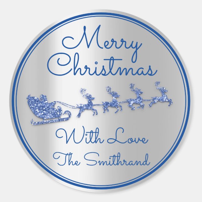 Merry Christmas Name Grey Sleigh Santa DeerSilver Classic Round Sticker (Front)