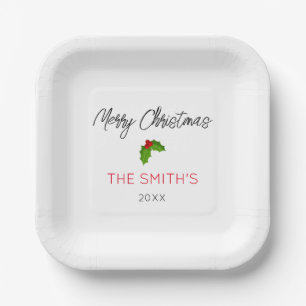 Merry Christmas NAME Holly YEAR Festive Typography Paper Plate