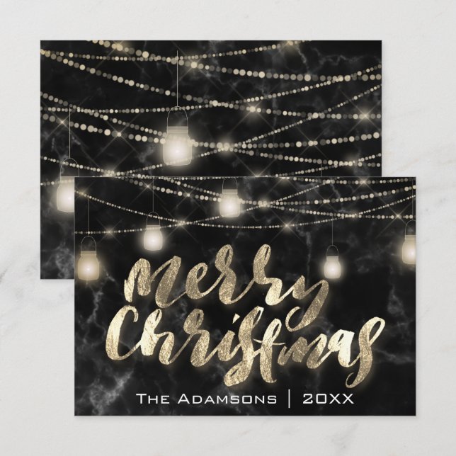 Merry Christmas Name Lights Marble Black Gold Invitation (Front/Back)