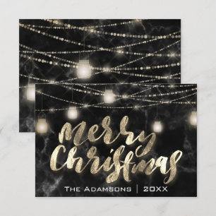Merry Christmas Name Lights Marble Black Gold Invitation
