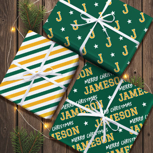 Merry Christmas Name Monogram Green Gold Teens Wrapping Paper Sheet