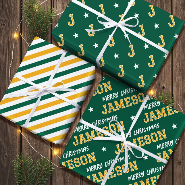Merry Christmas Name Monogram Green Gold Teens Wrapping Paper Sheet (Creator Uploaded)