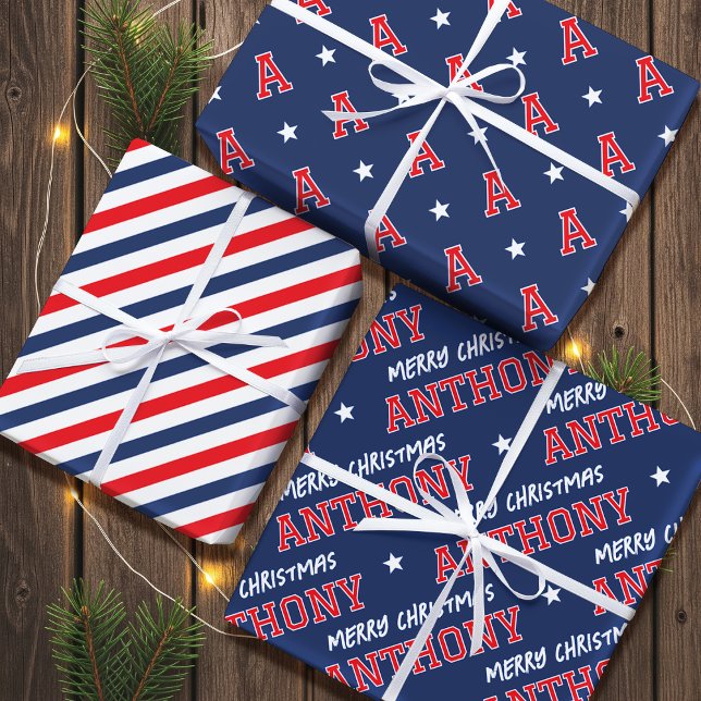 Merry Christmas Name Monogram Navy Red Teen Boy  Wrapping Paper Sheet (Creator Uploaded)