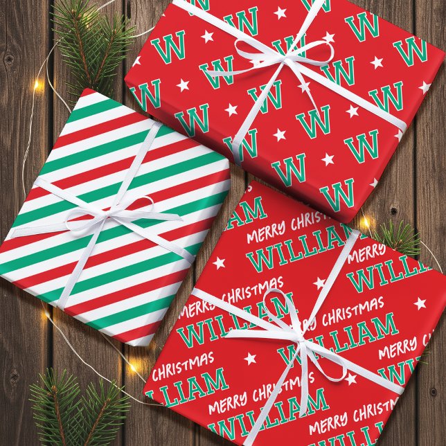 Merry Christmas Name Monogram Red Green Kids Wrapping Paper Sheet (Creator Uploaded)
