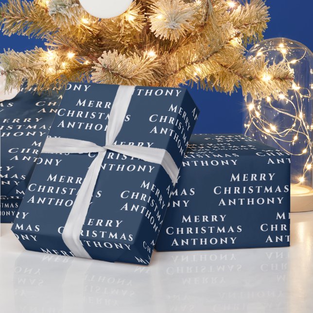 Merry Christmas Name Navy White Simple Modern Wrapping Paper (Holidays)