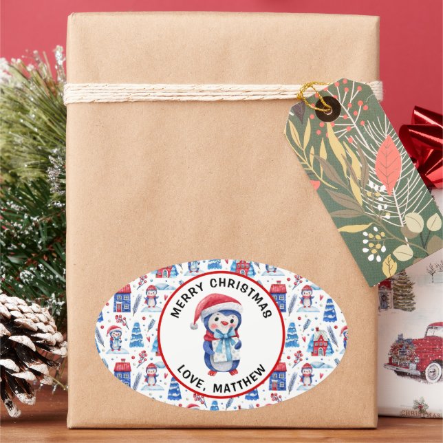 Merry Christmas & Name on 4 Penguin Pattern Oval Sticker (Holiday)
