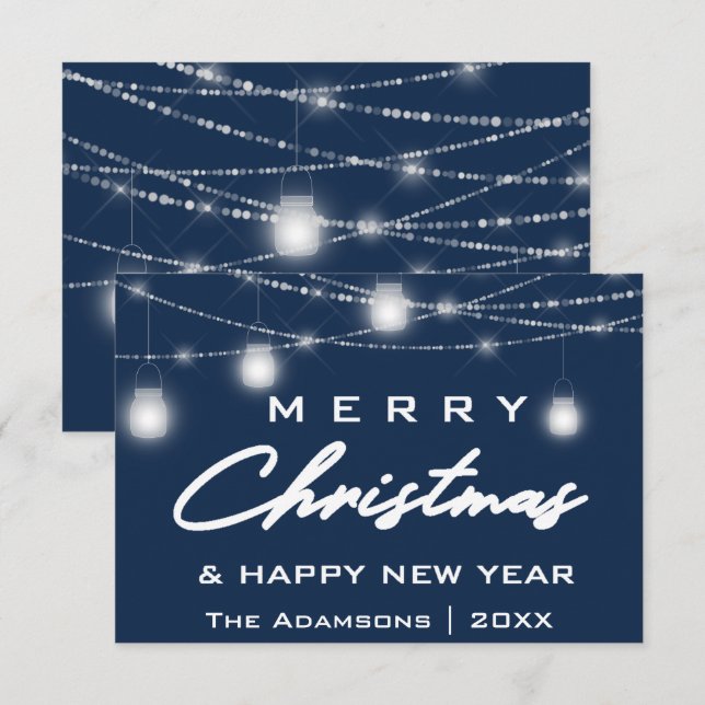 Merry Christmas Name Photo Lights  Blue Navy Invitation (Front/Back)