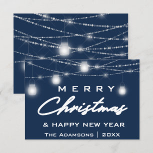 Merry Christmas Name Photo Lights Blue Navy Invitation